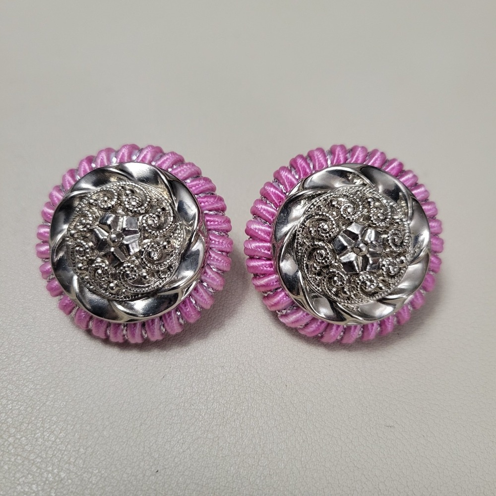 Vintage TWO SISTERS Signed Pink‎ Fabric Silver Tone Round 1.25" Clip-On Earrings